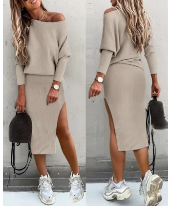 Kadın Uzun Kollu Düşük Omuz Yırtmaç Detay Kaşkorse Etek Bluz Ikili Takım