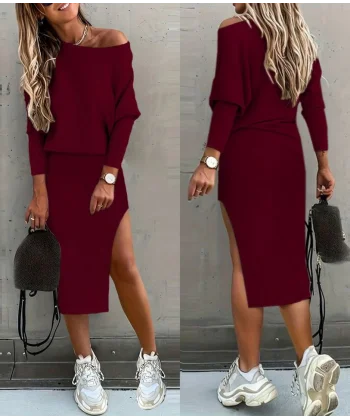 Kadın Uzun Kollu Düşük Omuz Yırtmaç Detay Kaşkorse Etek Bluz Ikili Takım