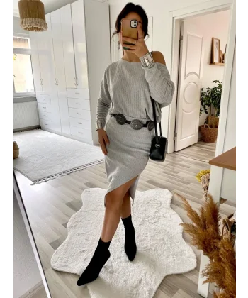 Kadın Uzun Kollu Düşük Omuz Yırtmaç Detay Kaşkorse Etek Bluz Ikili Takım