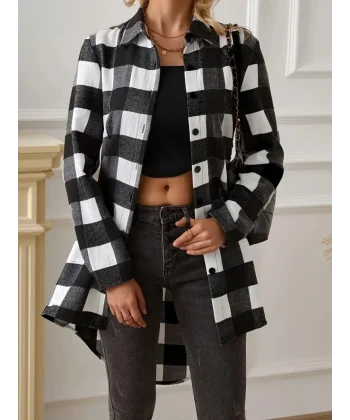 Kadın Uzun Kollu Ekoseli önden Düğmeli Dokuma Uzun Gömlek