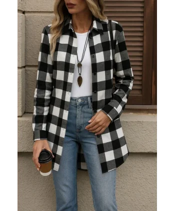 Kadın Uzun Kollu Ekoseli önden Düğmeli Dokuma Uzun Gömlek