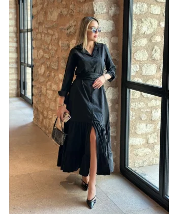 Kadın Uzun Kollu Eteği Fırfırlı Beli Kuşaklı Trikoton Tam Boy Gömlek Elbise