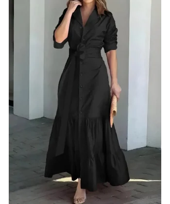 Kadın Uzun Kollu Eteği Fırfırlı Beli Kuşaklı Trikoton Tam Boy Gömlek Elbise