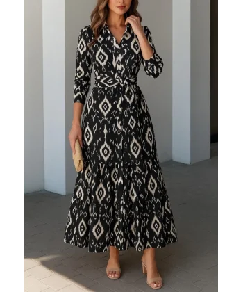 Kadın Uzun Kollu Eteği Fırfırlı Beli Kuşaklı Trikoton Tam Boy Gömlek Elbise