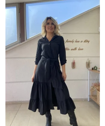 Kadın Uzun Kollu Eteği Fırfırlı Beli Kuşaklı Trikoton Tam Boy Gömlek Elbise