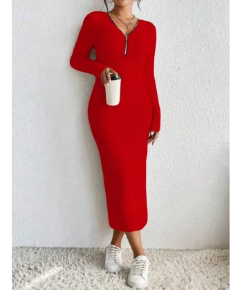 Kadın Uzun Kollu Fermuar Detay Fitilli Kaşkorse Kumaş Maxi Boy Elbise