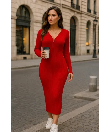 Kadın Uzun Kollu Fermuar Detay Fitilli Kaşkorse Kumaş Maxi Boy Elbise