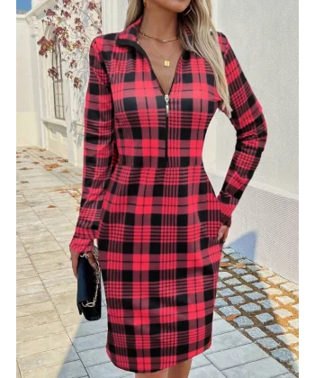 Kadın Uzun Kollu Fermuarlı Ekose Baskılı Dalgıç Elbise