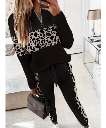 Kadın Uzun Kollu Fermuarlı Karışık Desenli Viskon Iki Iplik Bluz Ve Pantolon Ikili Takım