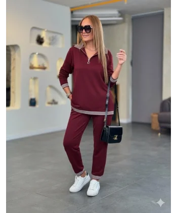 Kadın Uzun Kollu Fermuarlı şerit Detay Desenli Alt üst Ikili Viskon Iki Iplik Takım