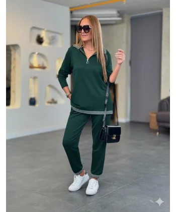 Kadın Uzun Kollu Fermuarlı şerit Detay Desenli Alt üst Ikili Viskon Iki Iplik Takım