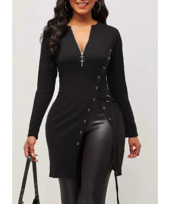 Kadın Uzun Kollu Fermuarlı Yan Yırtmaç çıtçıt Düğme Detay Fitilli Kaskorse Elbise