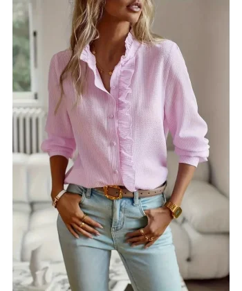 Kadın Uzun Kollu Fırfır Yakalı önden Düğmeli çizgili Burgu Gömlek