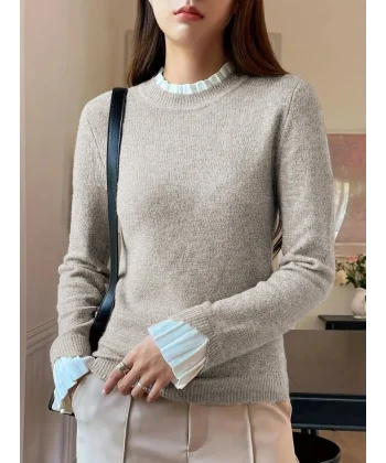 Kadın Uzun Kollu Fırfırlı Yakalı Triko Krem Bluz