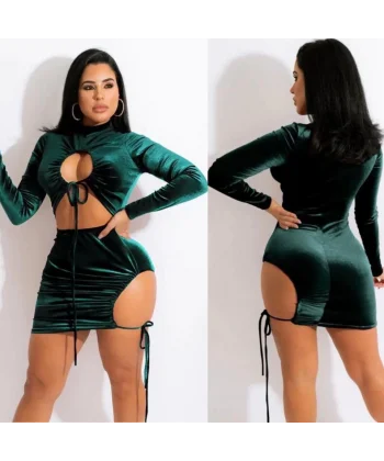 Kadın Uzun Kollu Full Dekolte Detay Kadife Kumaş Elbise