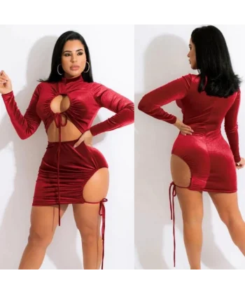 Kadın Uzun Kollu Full Dekolte Detay Kadife Kumaş Elbise