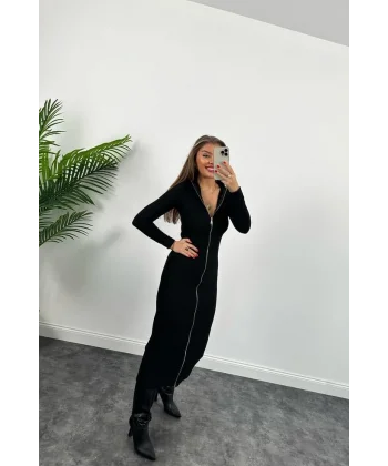 Kadın Uzun Kollu Full Fermuar Detay Ottoman Kumaş axi Boy Kalem Elbise