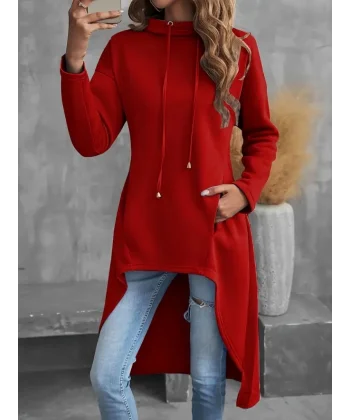 Kadın Uzun Kollu Geniş Dökümlü Yaka Etek Ucu Ters U Iki Iplik Tunik