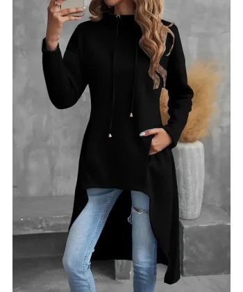 Kadın Uzun Kollu Geniş Dökümlü Yaka Etek Ucu Ters U Iki Iplik Tunik
