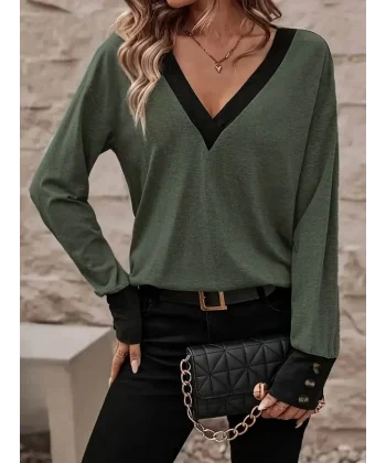 Kadın Uzun Kollu Geniş V Yakalı Düğme Detay Yün Viskon Bluz