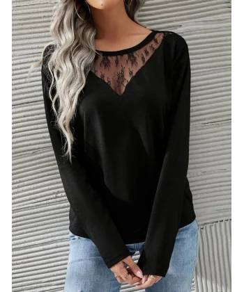 Kadın Uzun Kollu Geniş Yuvarlak Yaka Dantelli Viskon Iki Iplik Bluz