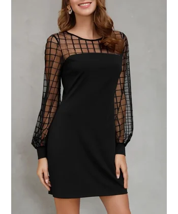 Kadın Uzun Kollu Geometrik Tül Detaylı Ithal Krep Elbise