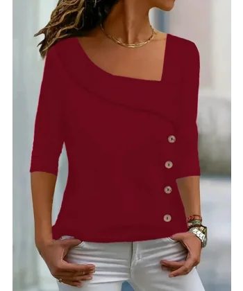 Kadın Uzun Kollu Geometrik Yaka Detay Yandan Düğmeli Mikro Bluz