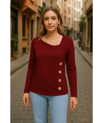 Kadın Uzun Kollu Geometrik Yaka Detay Yandan Düğmeli Viskon Iki Iplik Bluz