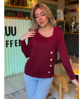 Kadın Uzun Kollu Geometrik Yaka Detay Yandan Düğmeli Viskon Iki Iplik Bluz