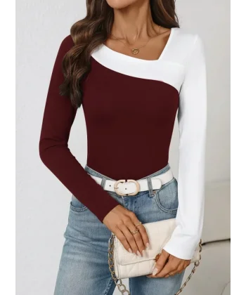 Kadın Uzun Kollu Geometrik Yaka Detaylı çift Renkli Viskon Bluz