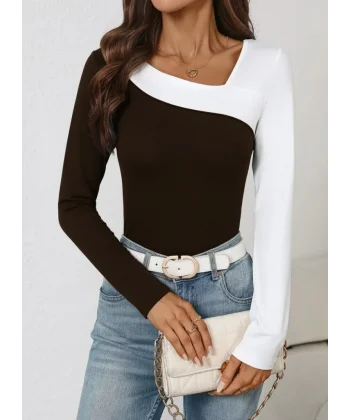 Kadın Uzun Kollu Geometrik Yaka Detaylı çift Renkli Viskon Bluz