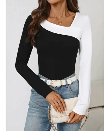 Kadın Uzun Kollu Geometrik Yaka Detaylı çift Renkli Viskon Bluz