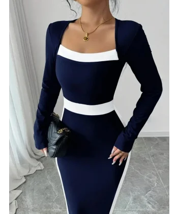 Kadın Uzun Kollu Geometrik Yaka Midi Ithal Krep Elbise