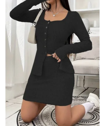 Kadın Uzun Kollu Geometrik Yaka önden Düğmeli şardonlu Kaşkorse Bluz Ve Etek Ikili Takım