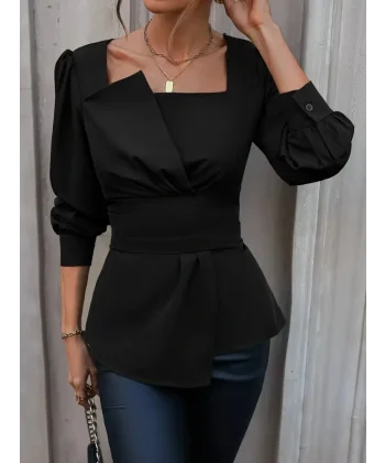 Kadın Uzun Kollu Geometrik Yakalı Belden Oturmalı Ithal Krep Bluz