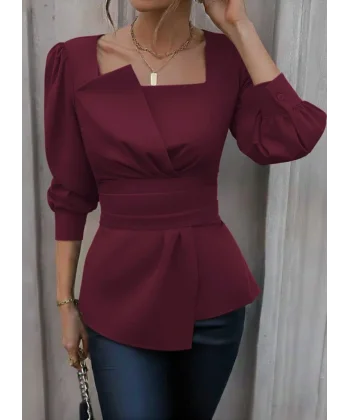 Kadın Uzun Kollu Geometrik Yakalı Belden Oturmalı Ithal Krep Bluz