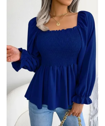 Kadın Uzun Kollu Geometrik Yakalı Gipe Detaylı Krep Bluz