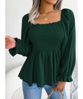 Kadın Uzun Kollu Geometrik Yakalı Gipe Detaylı Krep Bluz