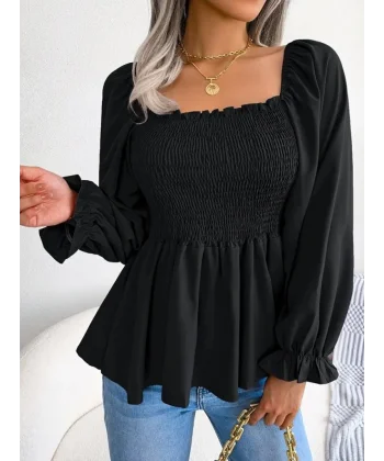 Kadın Uzun Kollu Geometrik Yakalı Gipe Detaylı Krep Bluz