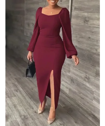 Kadın Uzun Kollu Geometrik Yakalı Yandan Yırtmaçlı Uzun Janjan Krep Elbise