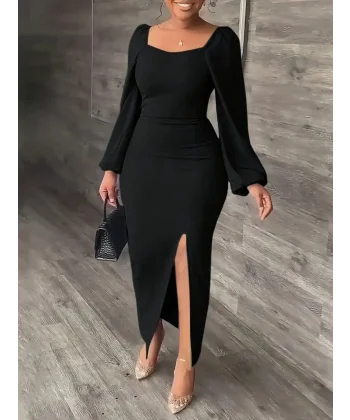 Kadın Uzun Kollu Geometrik Yakalı Yandan Yırtmaçlı Uzun Janjan Krep Elbise