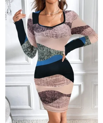 Kadın Uzun Kollu Göğüs Dekolte Detay Dalgıç Mini Elbise