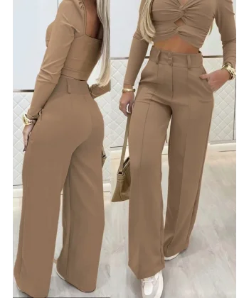 Kadın Uzun Kollu Göğüs Dekolteli Ithal Krep Bluz Ve Pantolon Ikili Takım