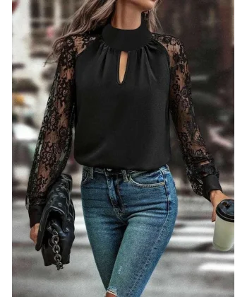 Kadın Uzun Kollu Göğüs Pencere Detay Yaka Boğazlı Kolları Tüllü Sandy Bluz