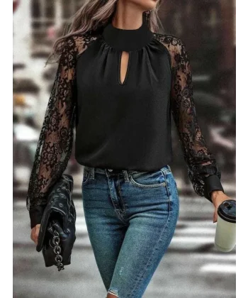 Kadın Uzun Kollu Göğüs Pencere Detay Yaka Boğazlı Kolları Tüllü Sandy Bluz