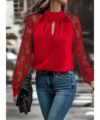 Kadın Uzun Kollu Göğüs Pencere Detay Yaka Boğazlı Kolları Tüllü Sandy Bluz