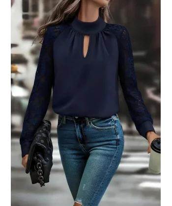 Kadın Uzun Kollu Göğüs Pencere Detay Yaka Boğazlı Kolları Tüllü Sandy Bluz