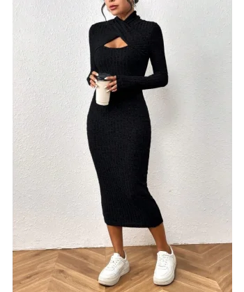 Kadın Uzun Kollu Göğüs Pencere Detaylı çapraz Yaka Detaylı şardonlu Kaşkorse Midi Elbise