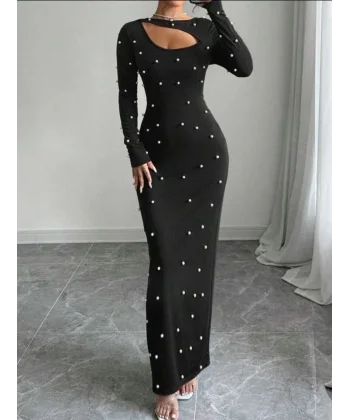 Kadın Uzun Kollu Göğüs Pencere Inci Detay axi Boy Elbise