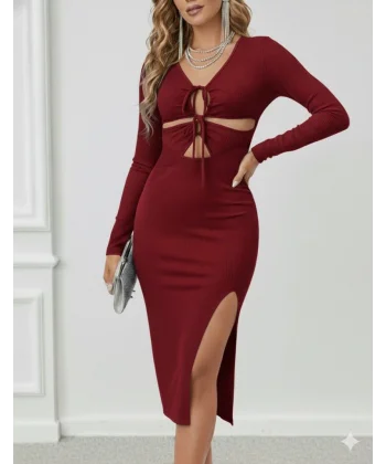Kadın Uzun Kollu Göğüs Ve Göbek Dekolte Detay Sandy Midi Boy Elbise